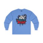 A blue long sleeve shirt with graffiti on it.
