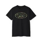 A black t-shirt with an oval logo on it.