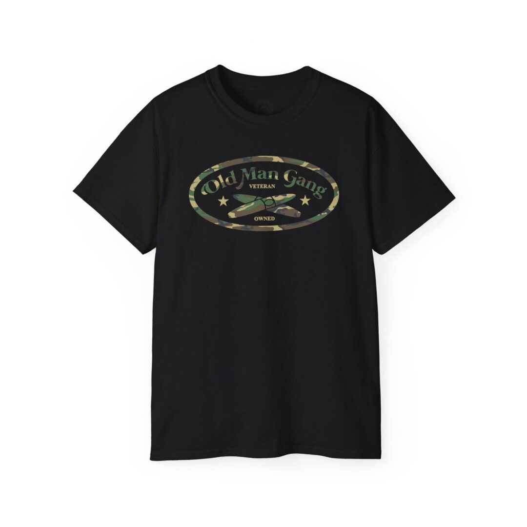 A black t-shirt with an oval logo on it.