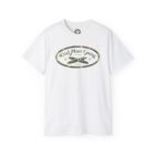 A white t-shirt with a green oval logo.