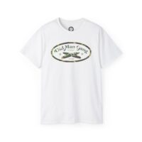 A white t-shirt with a green oval logo.