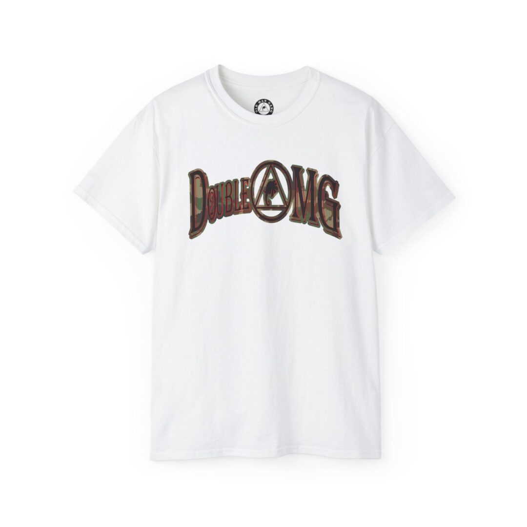 A white t-shirt with brown lettering on it.