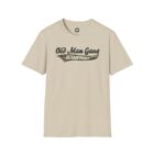 A tan t-shirt with an old man gang logo on it.