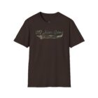 A brown t-shirt with an image of a boat on it.