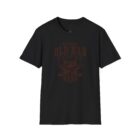 A black t-shirt with an old man logo on it.