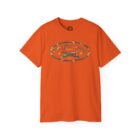 A orange t-shirt with a picture of a car on it.