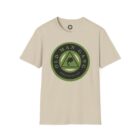 A beige t-shirt with an old man gang logo on it.