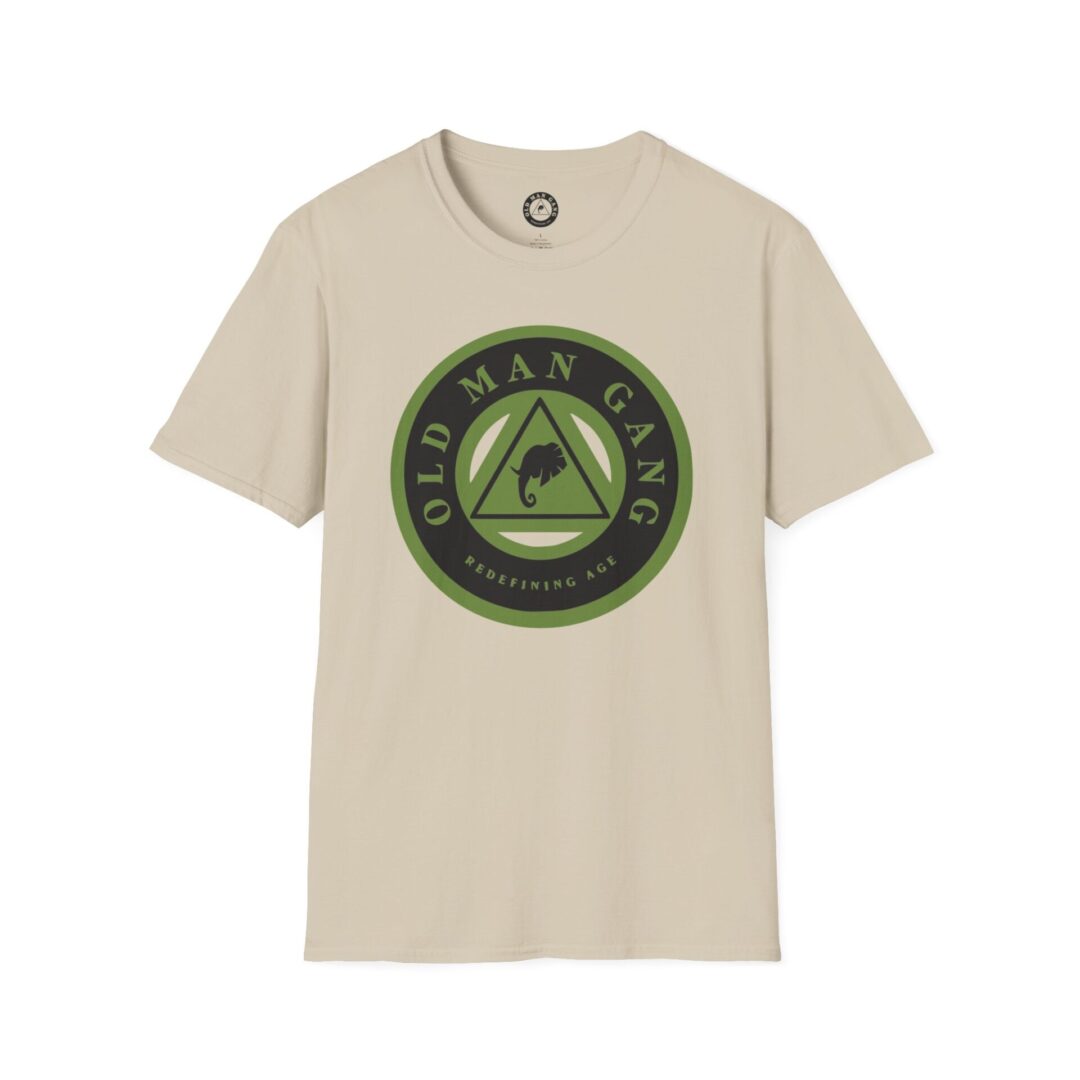 A beige t-shirt with an old man gang logo on it.