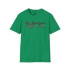 A green t-shirt with the words " rock n roll " written in it.