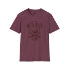A maroon t-shirt with an old man logo on it.