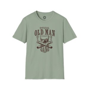 A light green t-shirt with an old man gang logo.