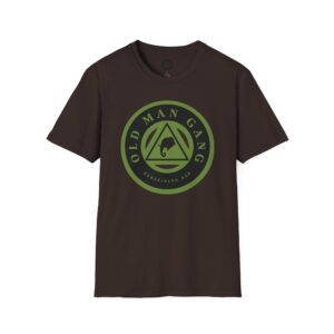 A brown t-shirt with an image of the old man and his dog.