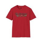 A red t-shirt with a picture of a boat on it.