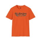 A t-shirt with an orange background and the words " old man gang ".