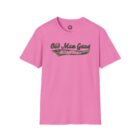 A pink t-shirt with an old man gang logo on it.