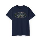 A navy blue t-shirt with a camouflage logo.