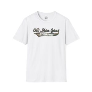 A white t-shirt with an old man gang logo on it.