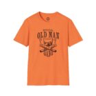 An orange t-shirt with a picture of a man holding two bats.