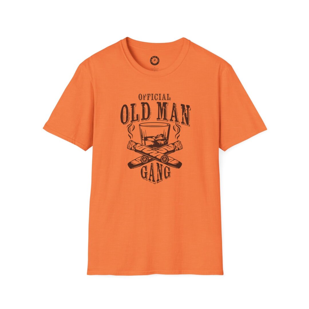An orange t-shirt with a picture of a man holding two bats.