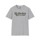A gray t-shirt with an old man gang logo on it.