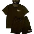 A black outfit with shorts and hat