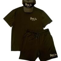 A black outfit with shorts and hat
