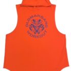 A close up of an orange sleeveless shirt with a hood