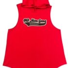 A red sleeveless shirt with hood and old mean gang logo.
