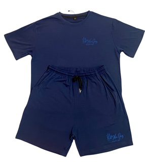 A blue outfit with shorts and shirt