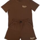 A brown outfit with a belt and shorts