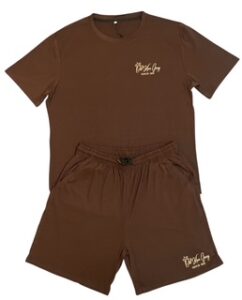 A brown outfit with a belt and shorts