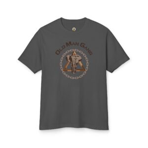 Gray T-shirt with elephant and chain design.