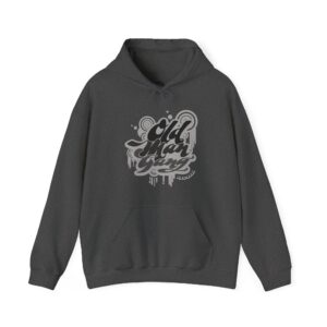 Gray hoodie with decorative text design.