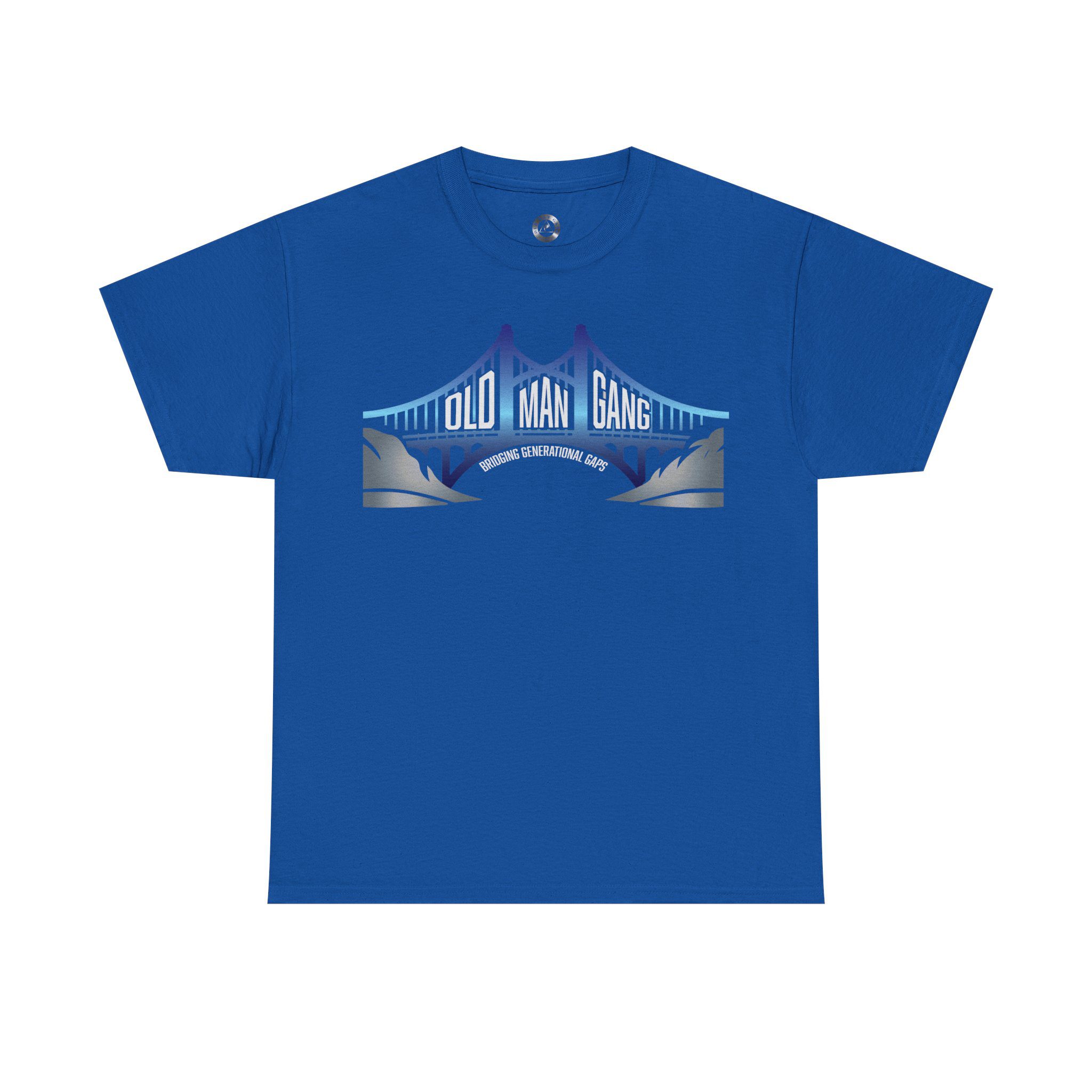 Blue T-shirt with bridge graphic design.