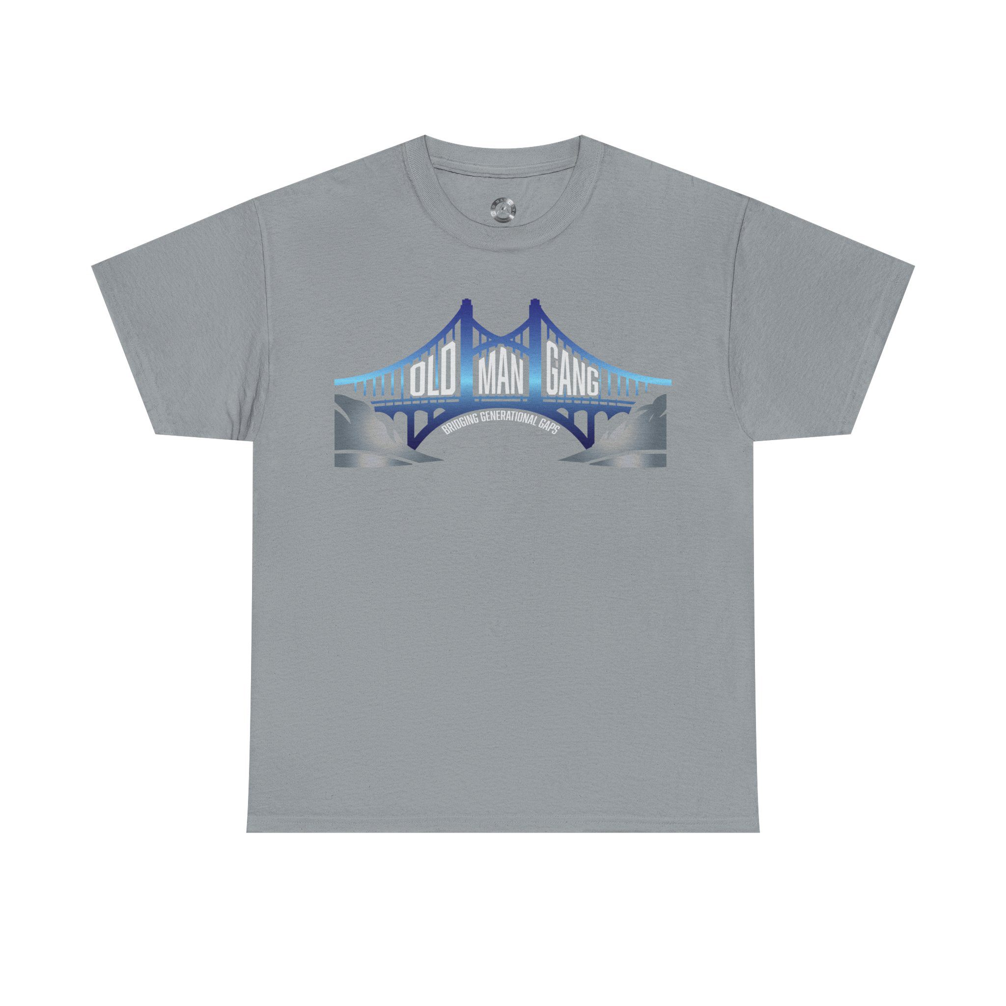 Gray t-shirt featuring bridge graphic design.