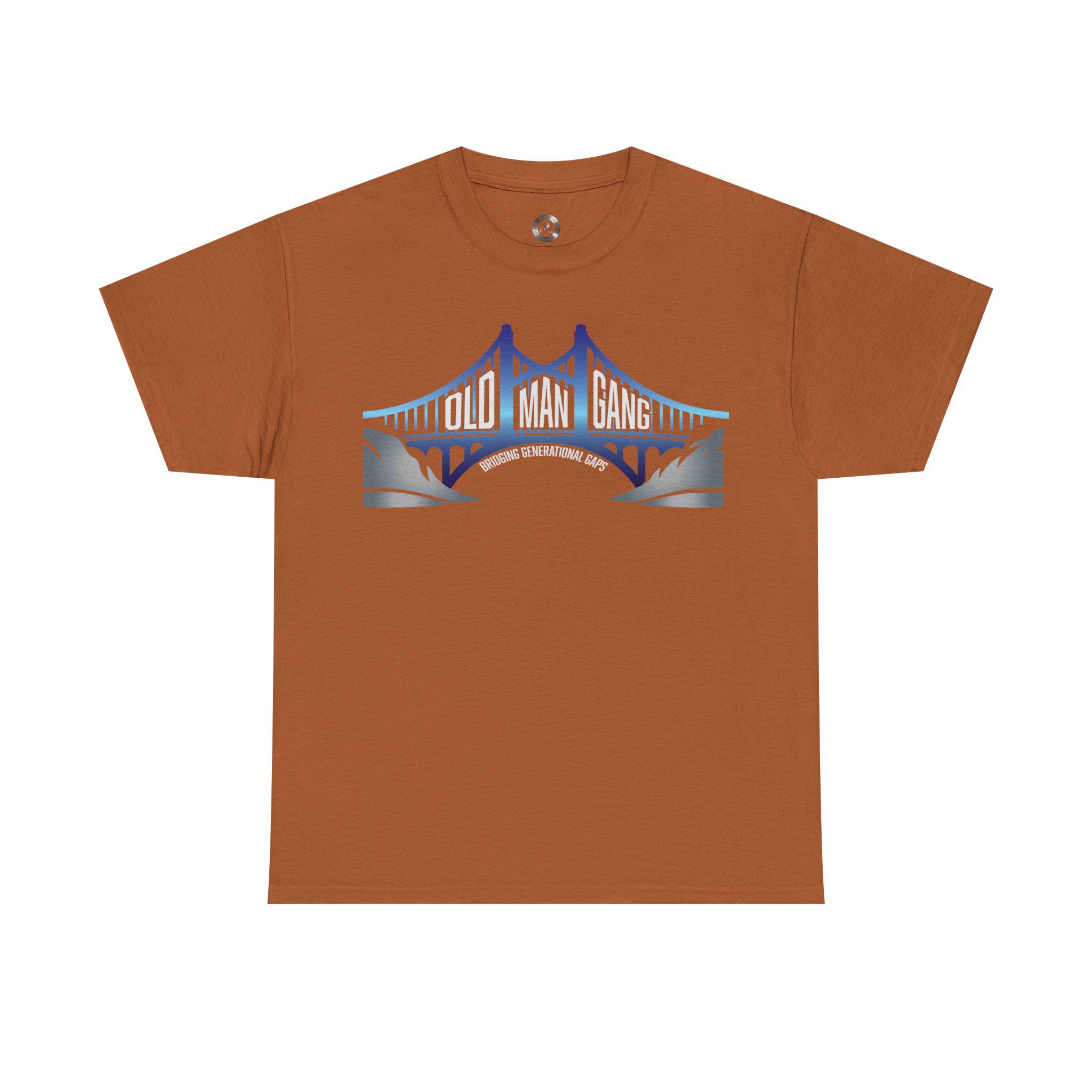 Brown t-shirt with graphic bridge design.