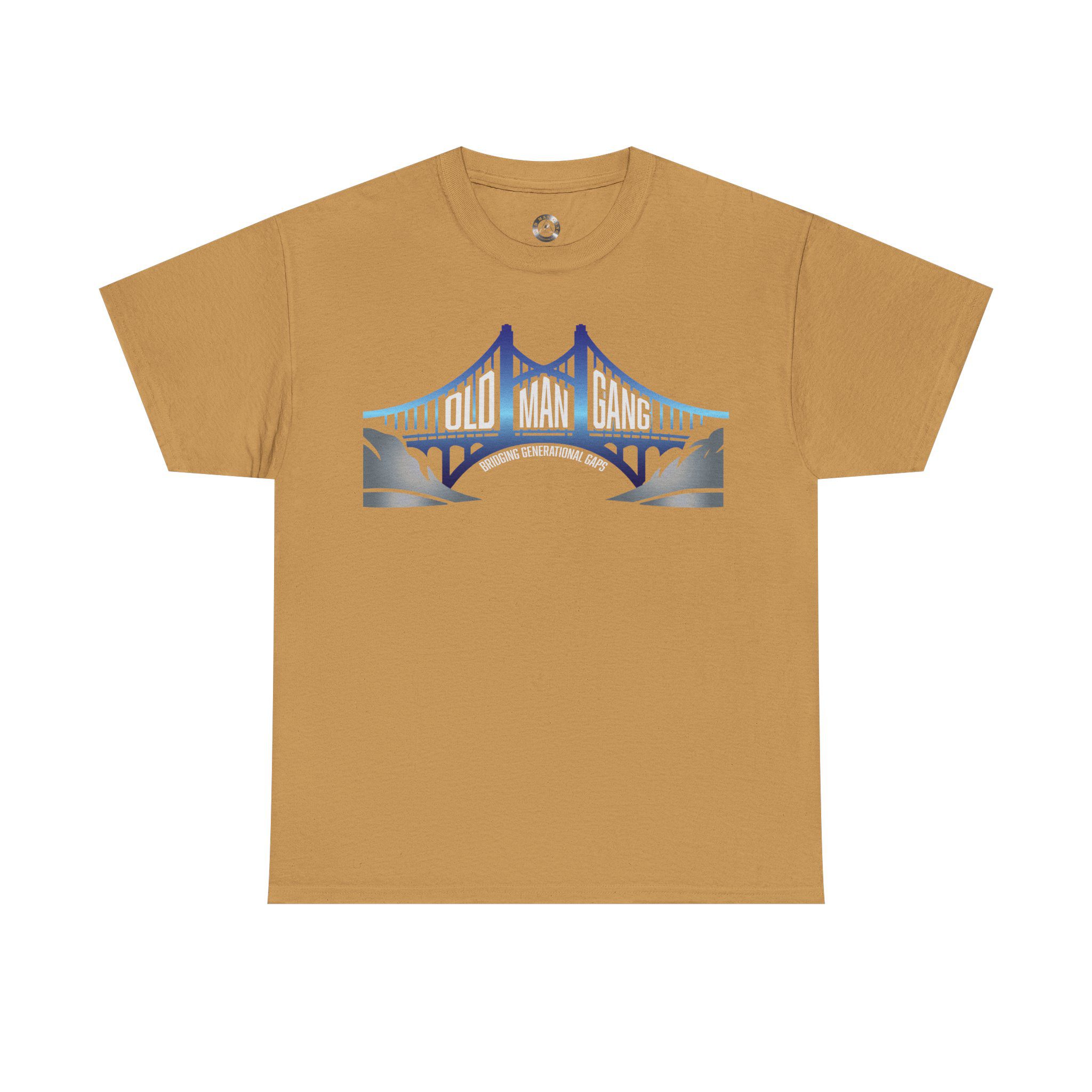 Brown t-shirt with bridge and text design.