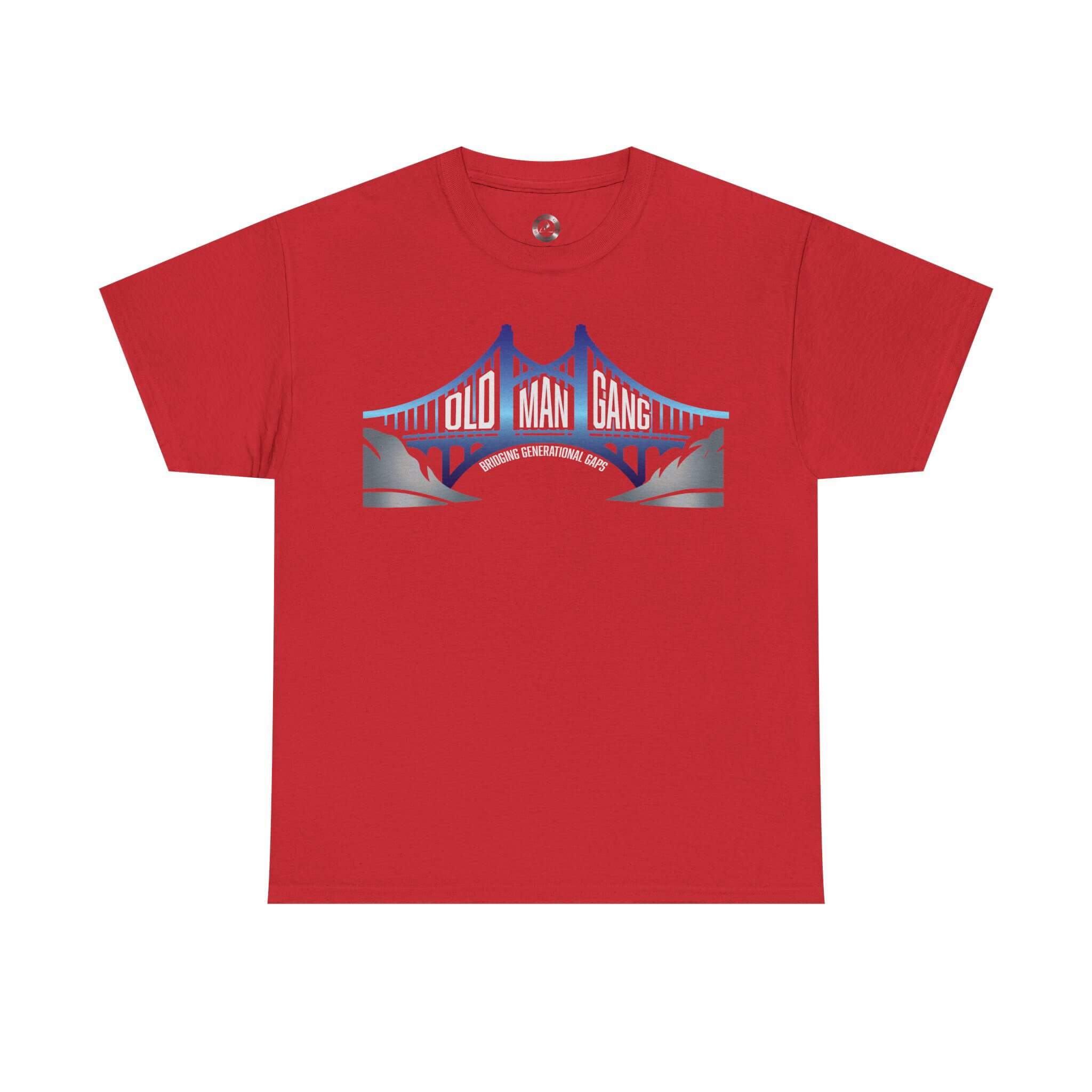 Red T-shirt with bridge graphic design.