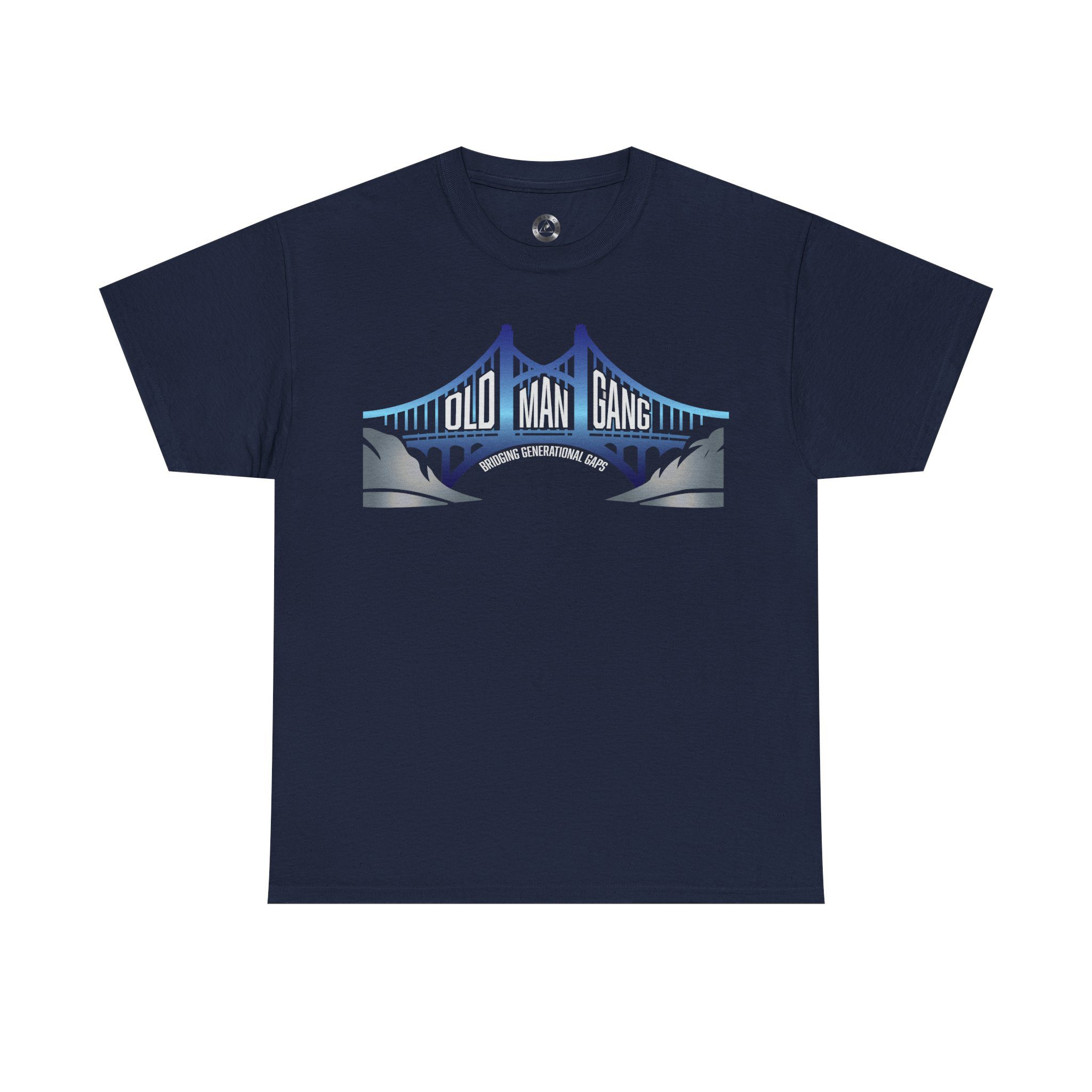 Navy t-shirt with bridge graphic design.