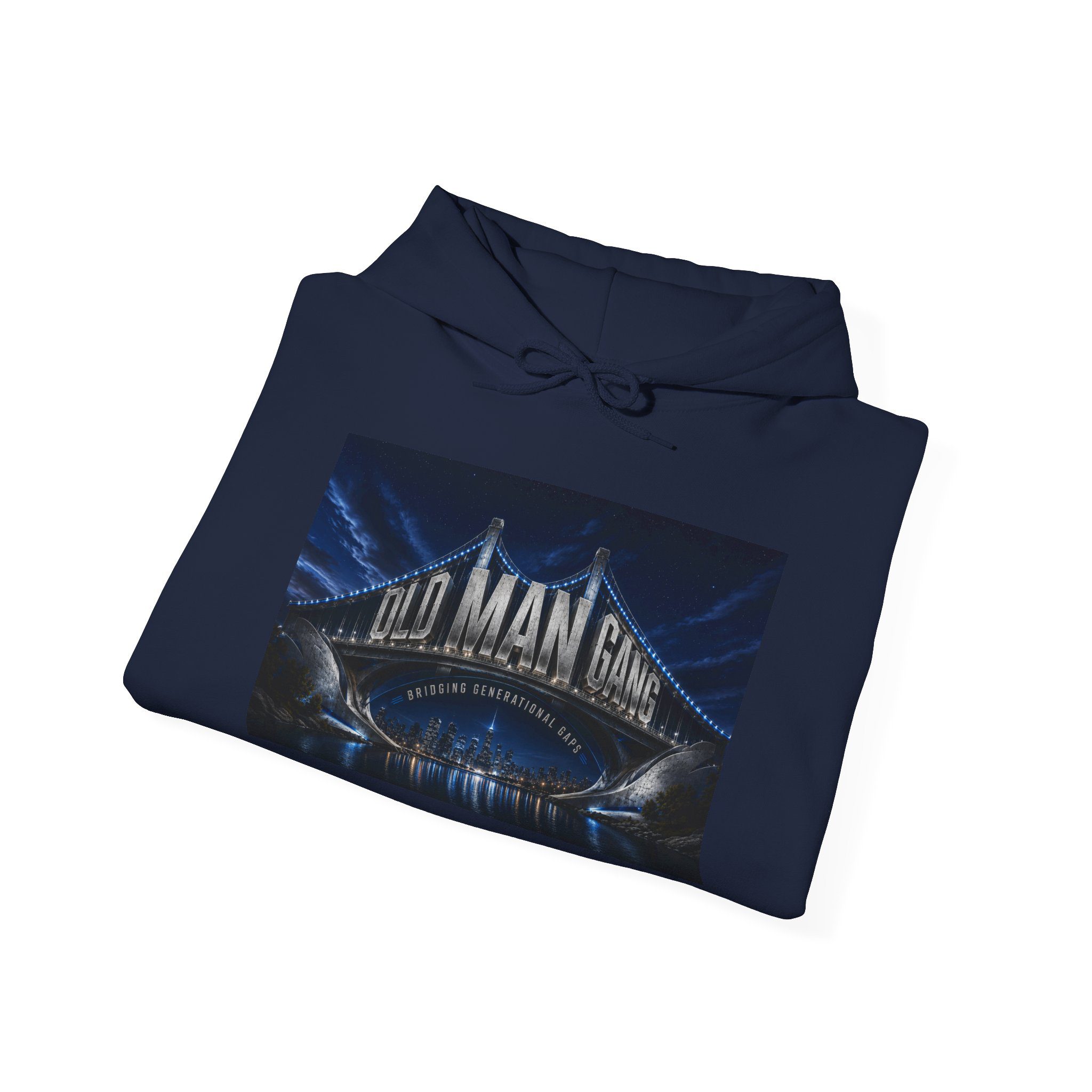Folded navy hoodie with bridge graphic