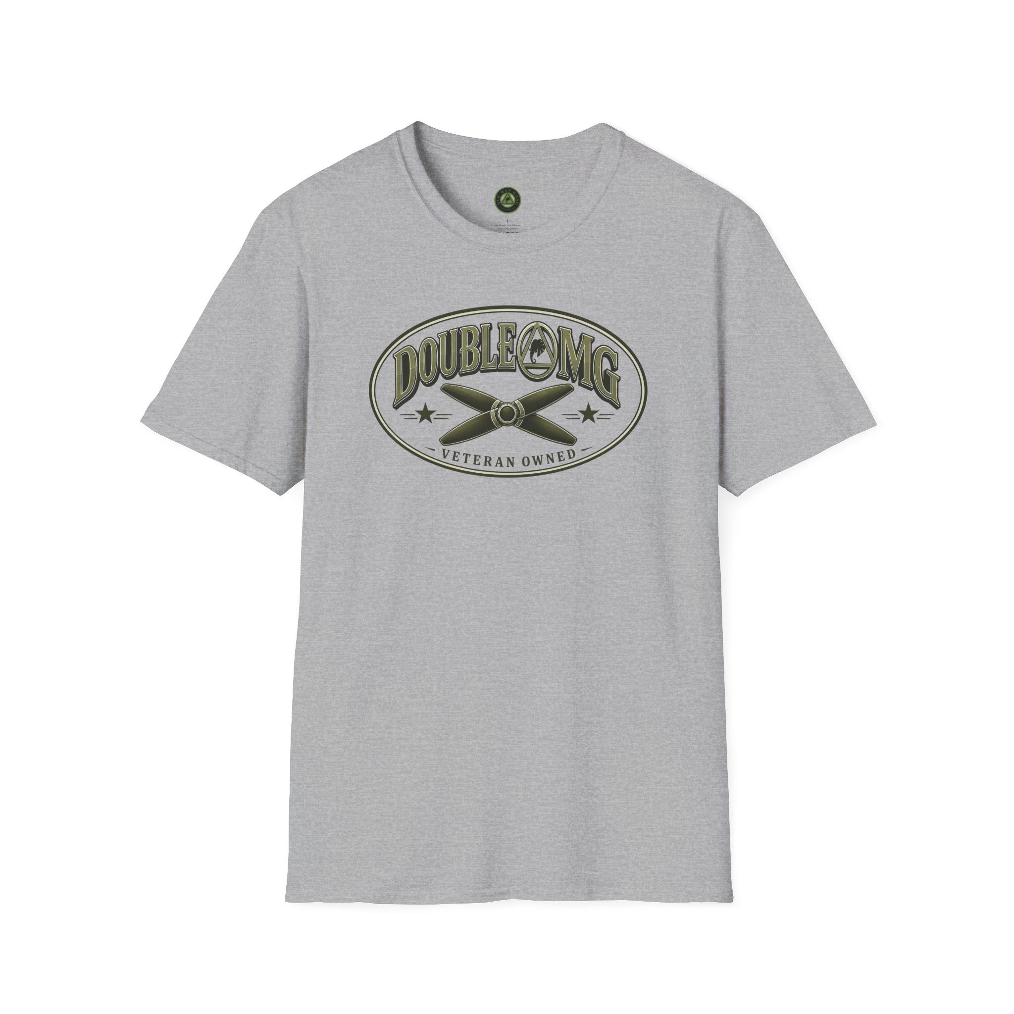Heather gray shirt with olive-gold aviator crest