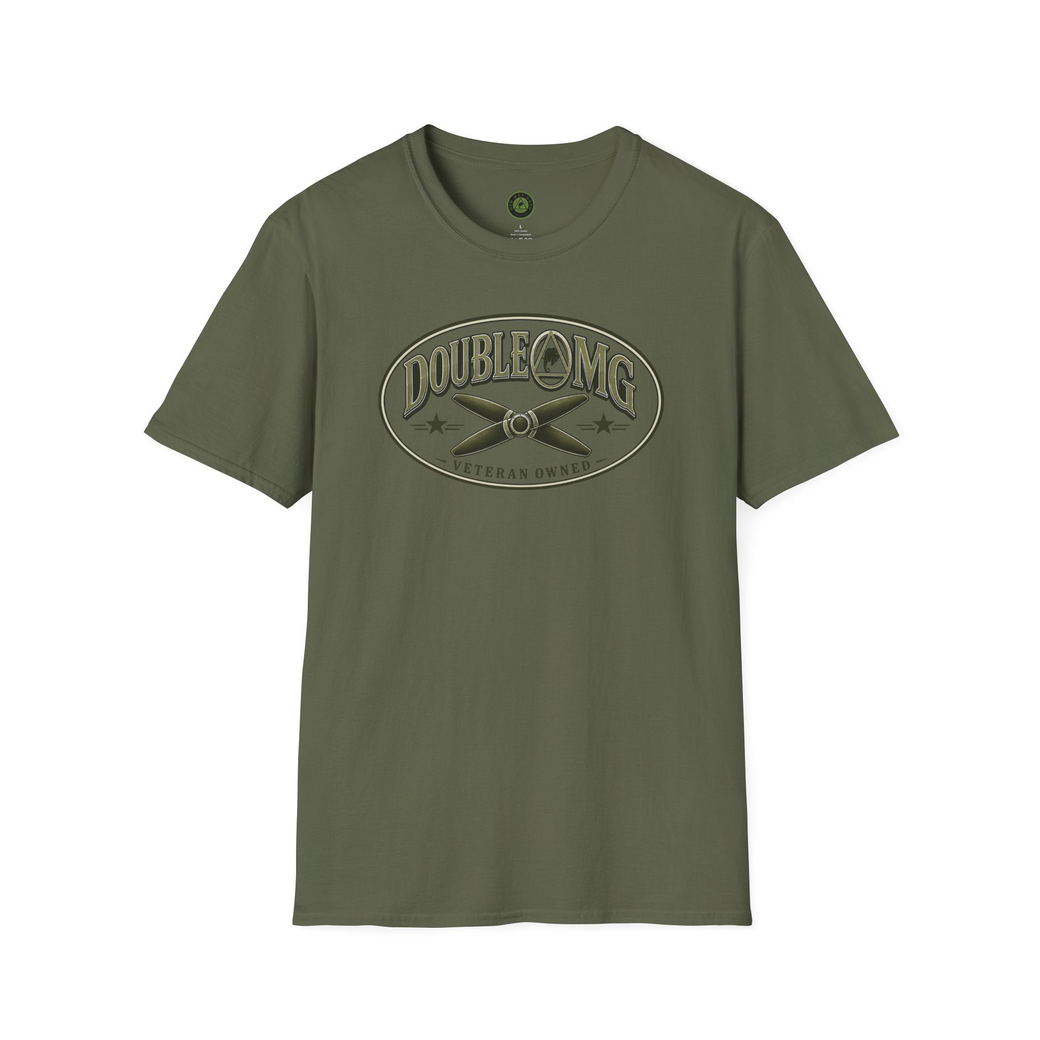 Olive t-shirt showing twin-blade airplane emblem