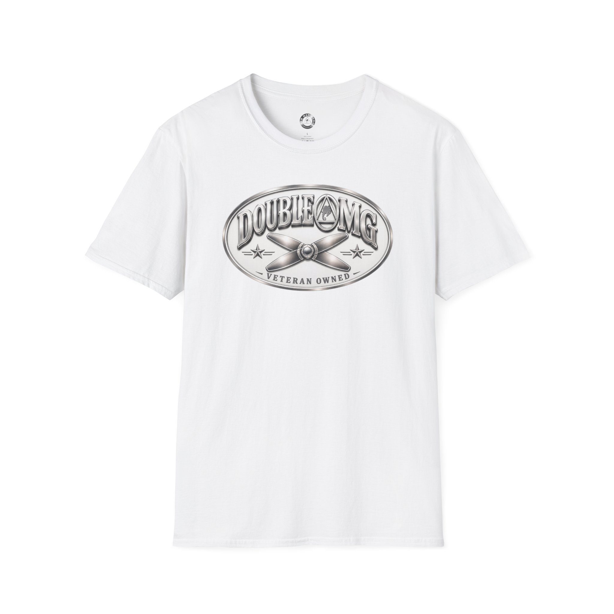 White tee with silver veteran-owned crest