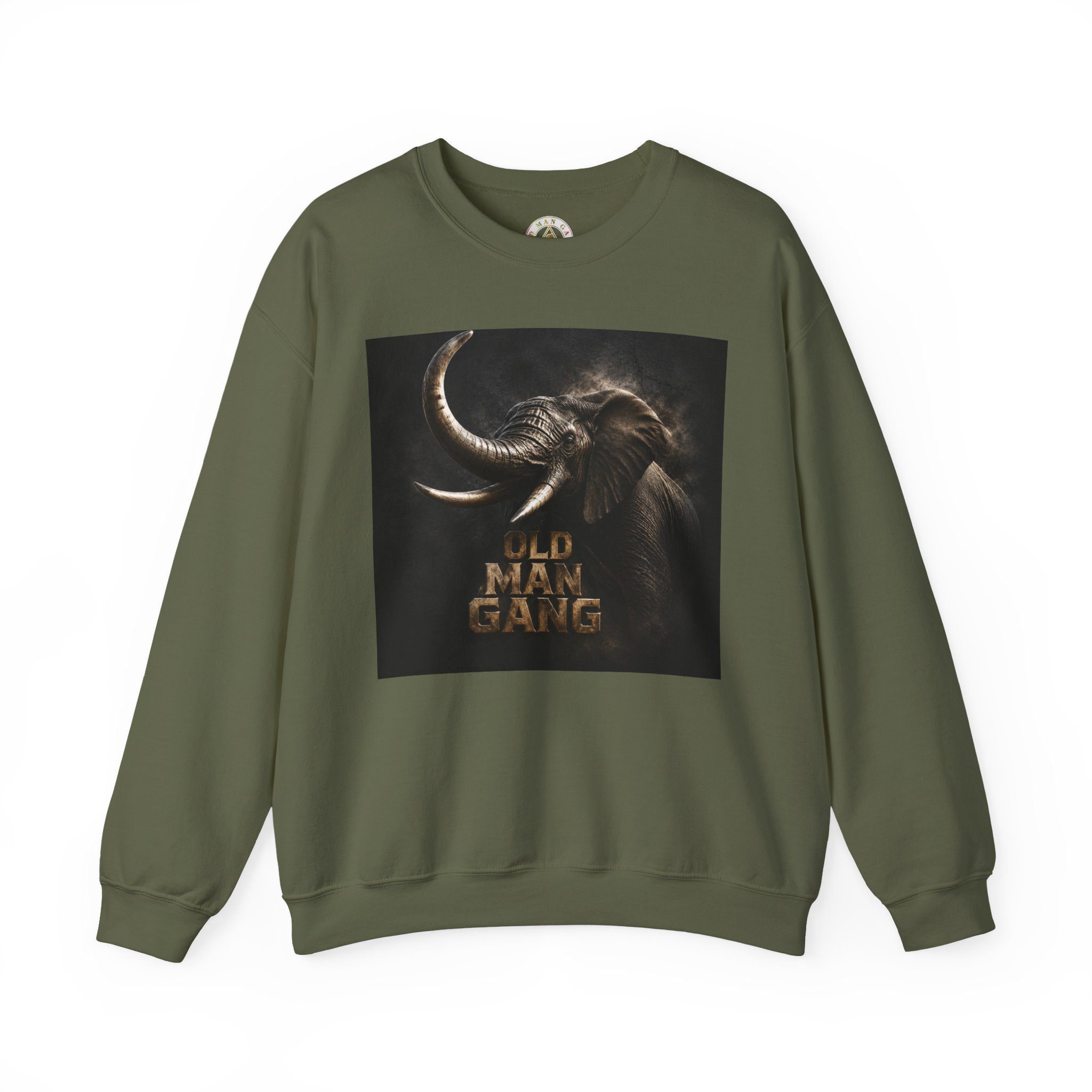 Olive pullover featuring elephant poster print