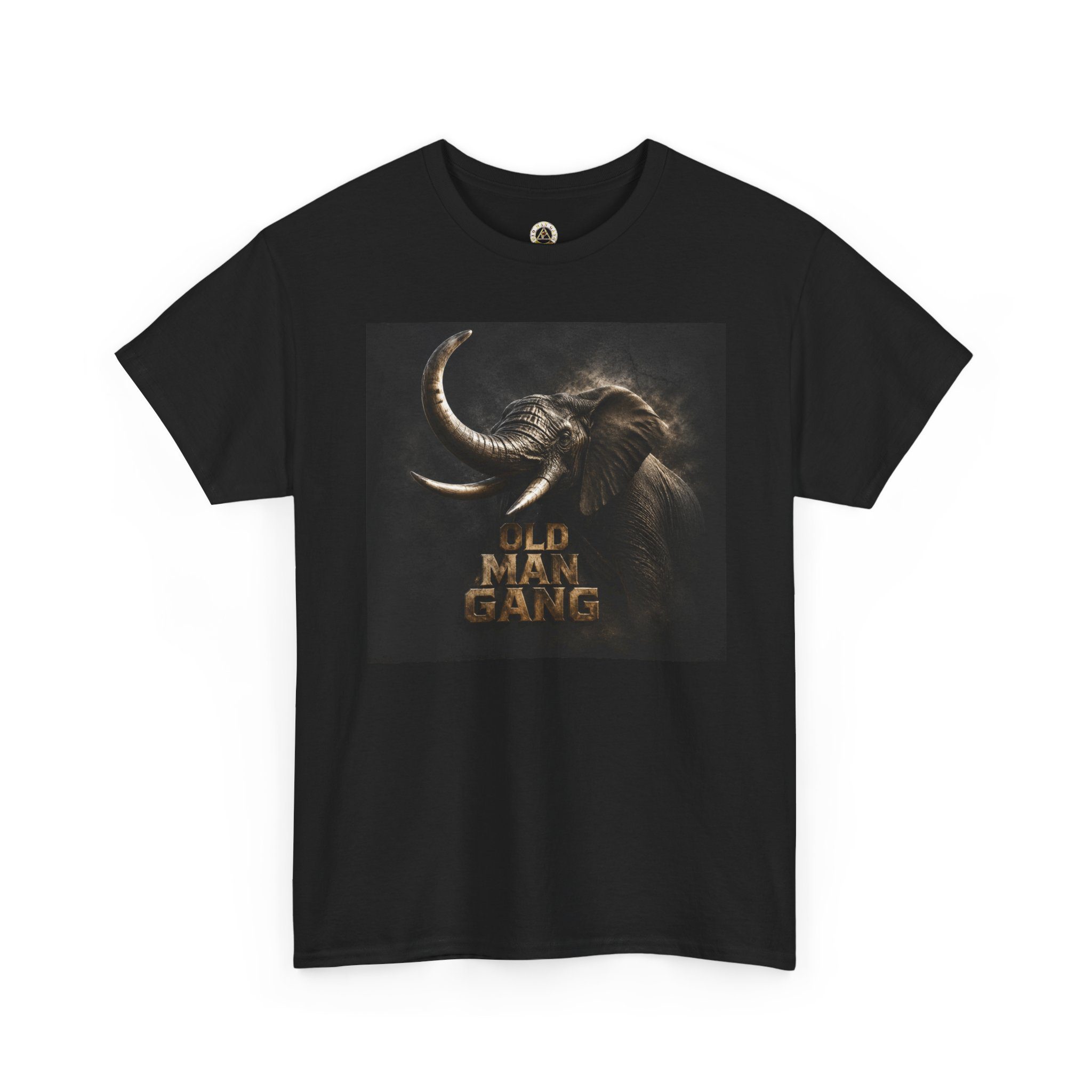 Black tee featuring majestic tusked elephant artwork