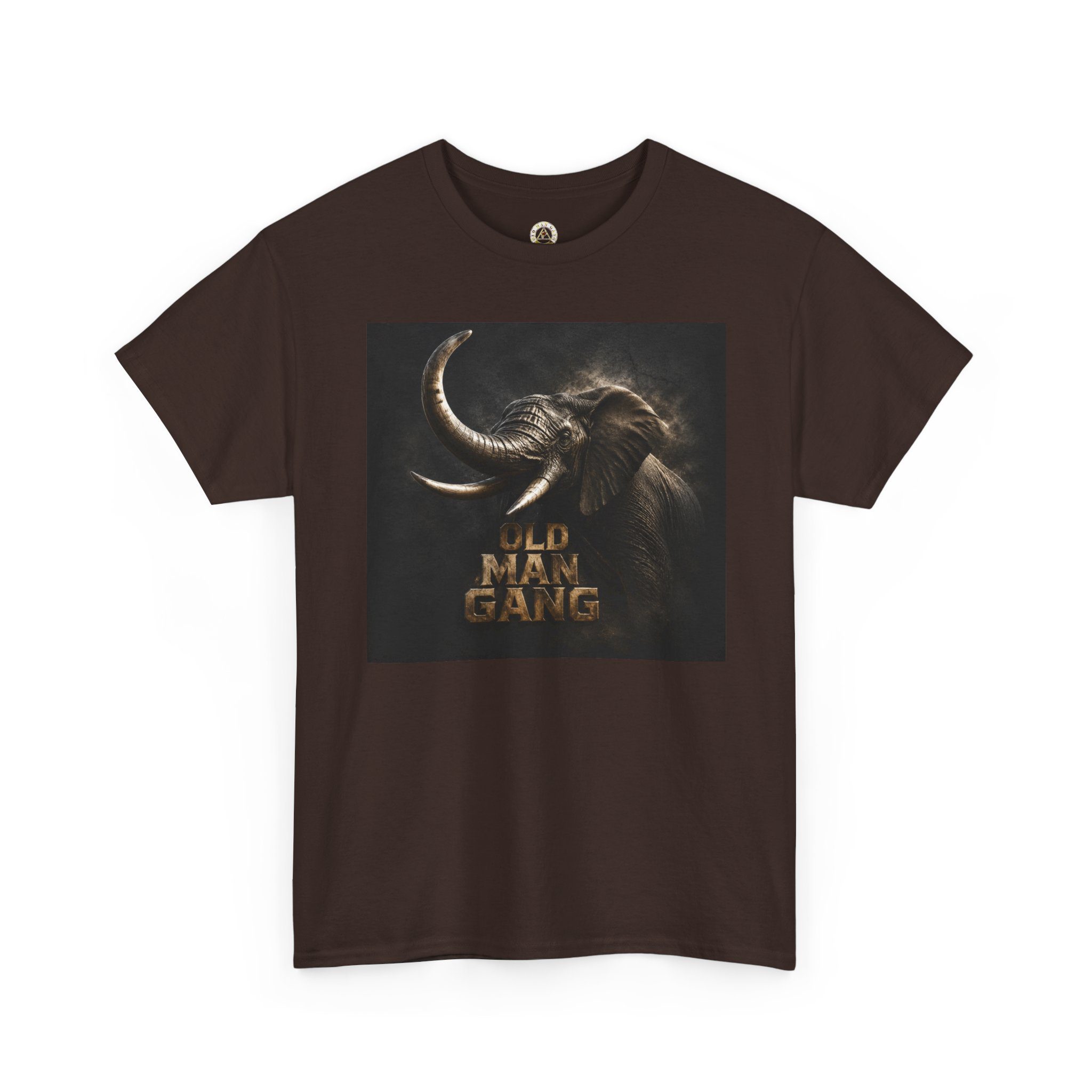 Brown tee with tusked pachyderm and gold text