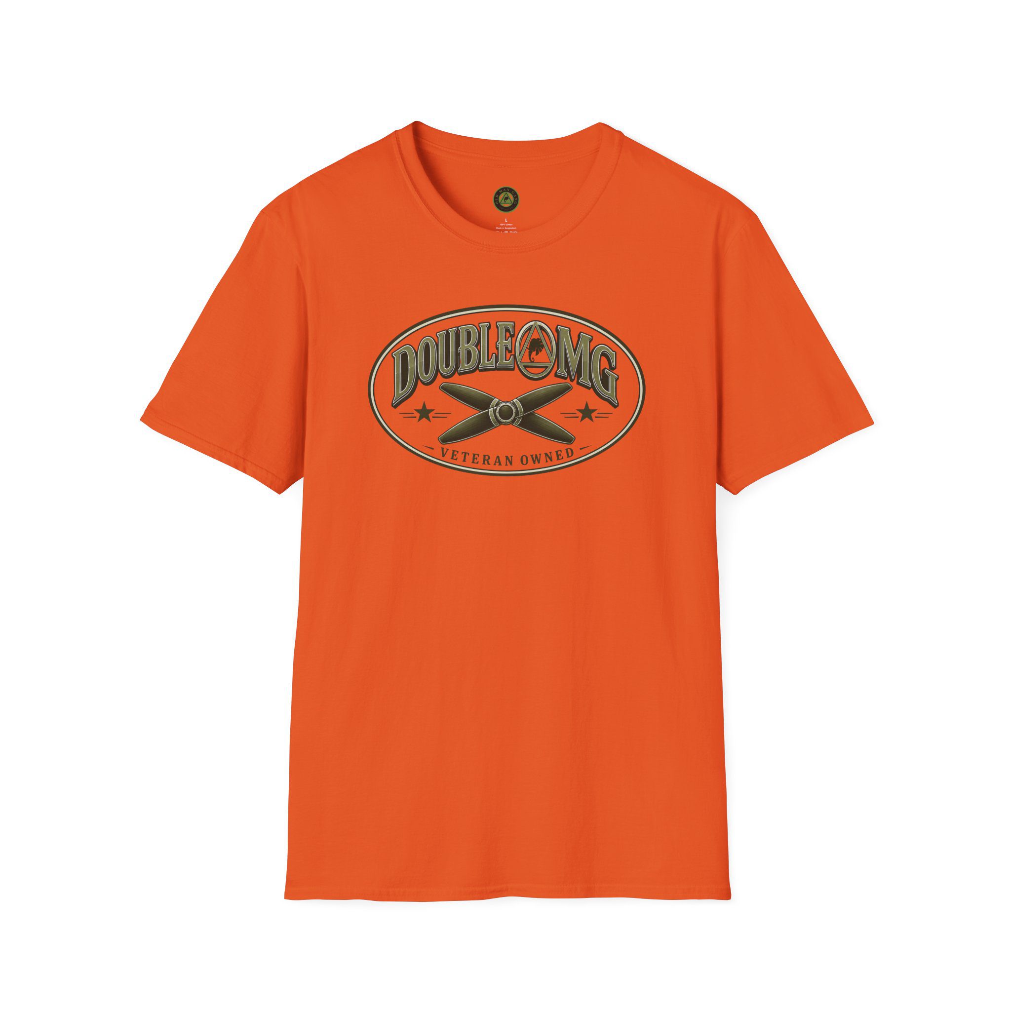 Orange tee with crossed propeller oval crest