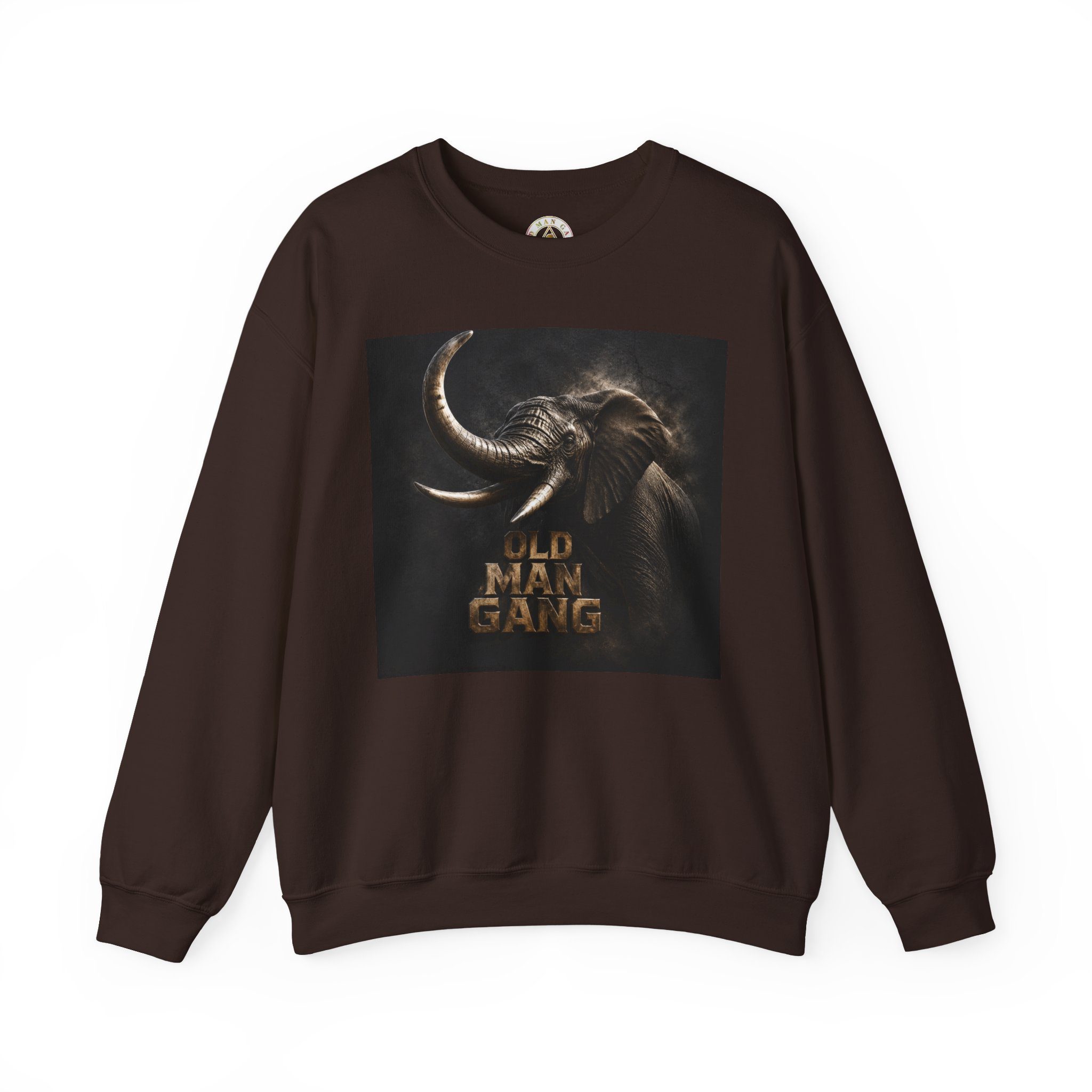 Chocolate sweatshirt featuring dramatic elephant portrait