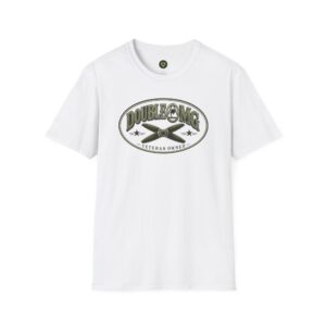 White tee with olive bomber-style insignia