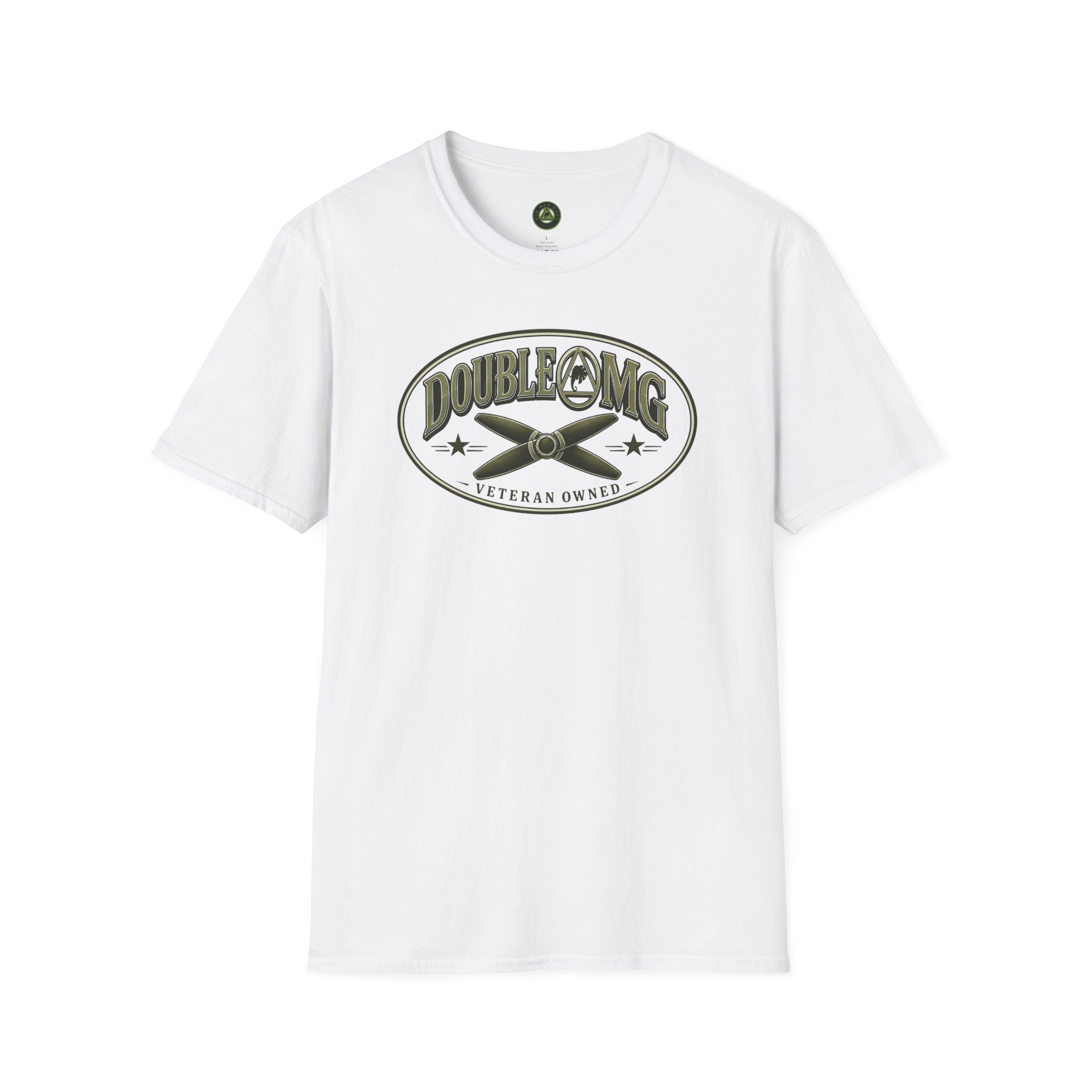 White tee with olive bomber-style insignia